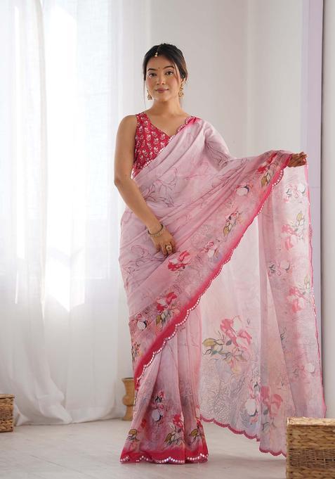 Pink Printed Chinon Saree Set