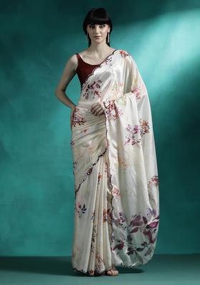Ivory Floral Print Georgette Saree Set