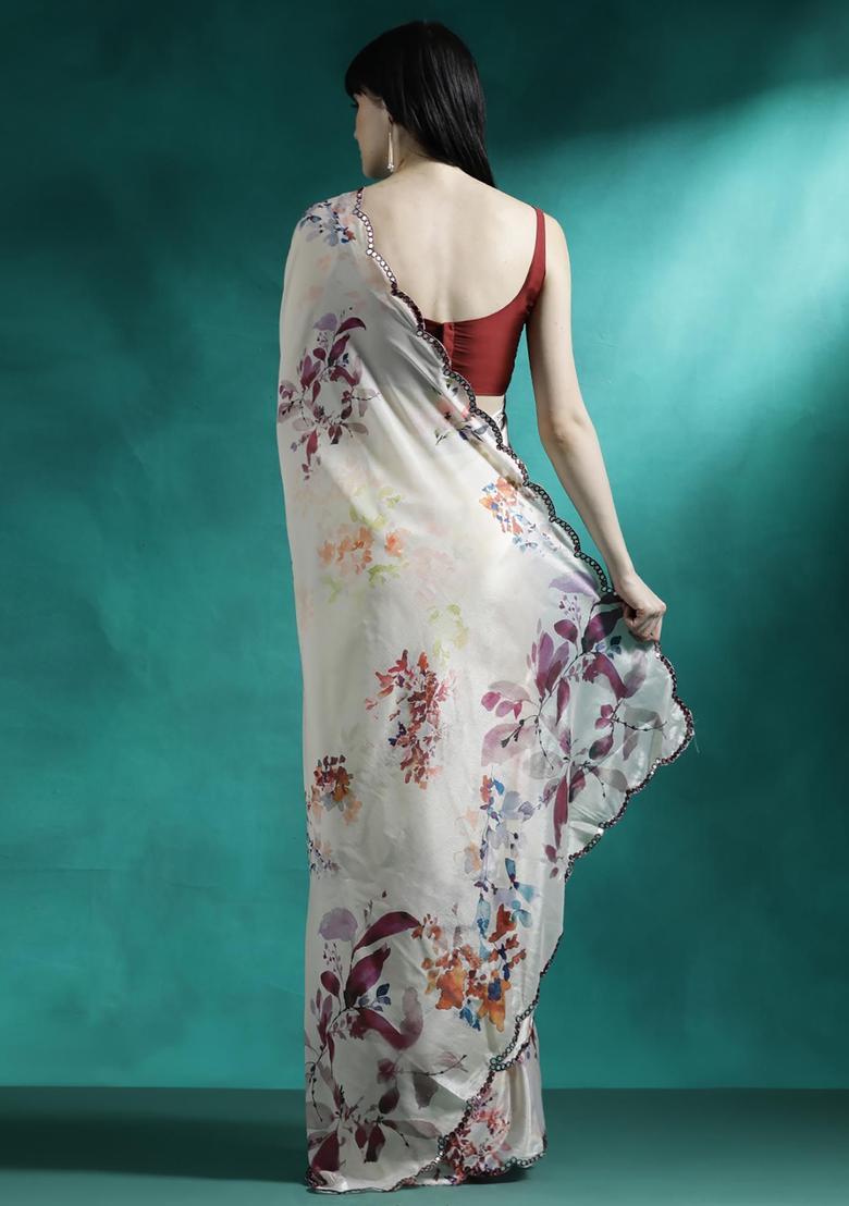 Ivory Floral Print Georgette Saree Set - Indya