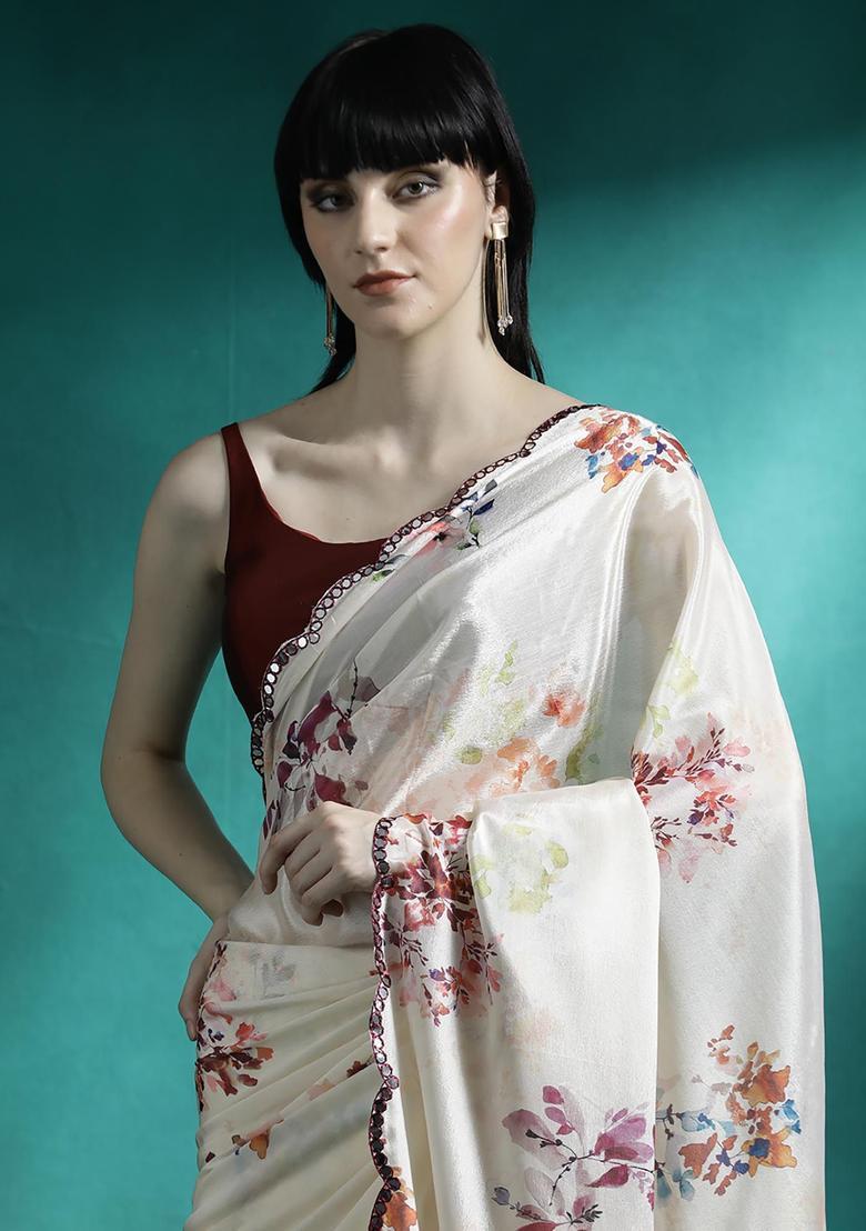 Ivory Floral Print Georgette Saree Set - Indya