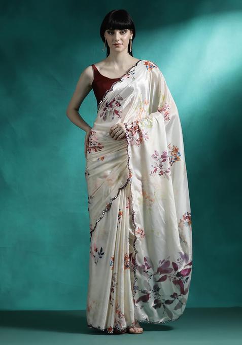 Ivory Floral Print Georgette Saree Set
