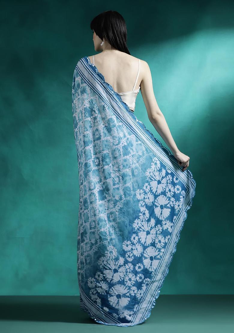 Sky Blue Embroidered Georgette Saree Set - Indya