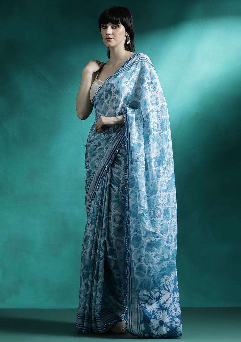 Sky Blue Embroidered Georgette Saree Set for Diwali and Festive Wear - Indya
