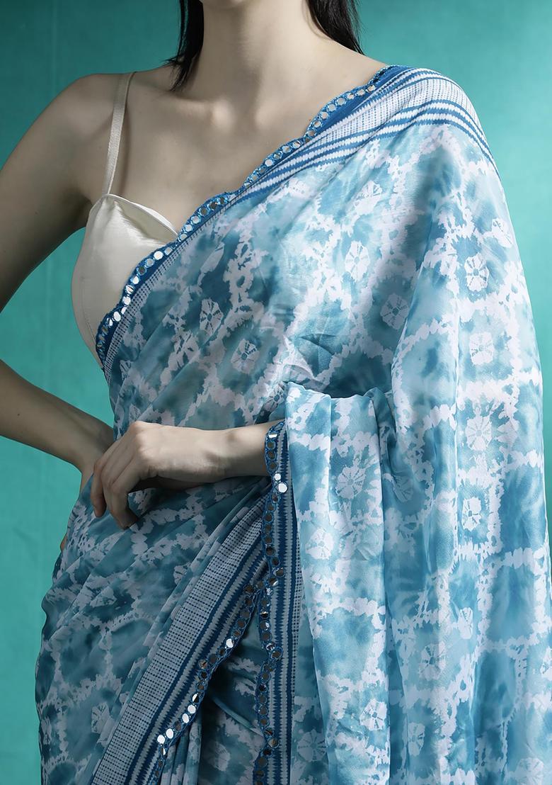 Sky Blue Embroidered Georgette Saree Set - Indya