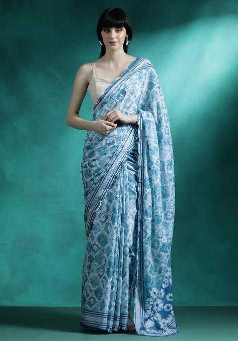 Sky Blue Embroidered Georgette Saree Set