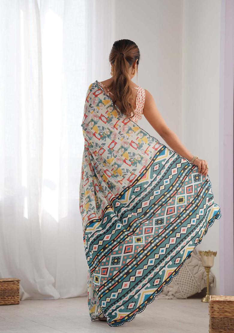 Multicolor Printed Chinon Saree Set - Indya