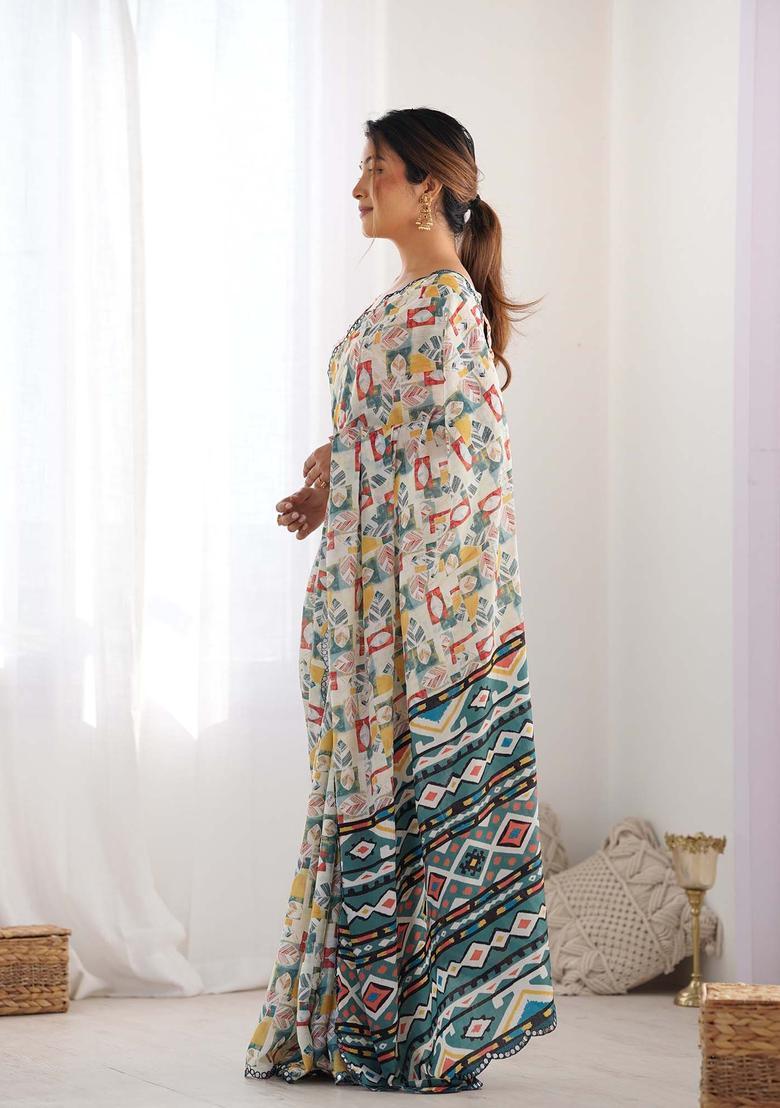 Multicolor Printed Chinon Saree Set - Indya