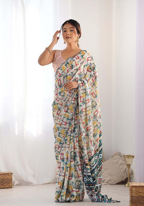 Multicolor Printed Chinon Saree Set