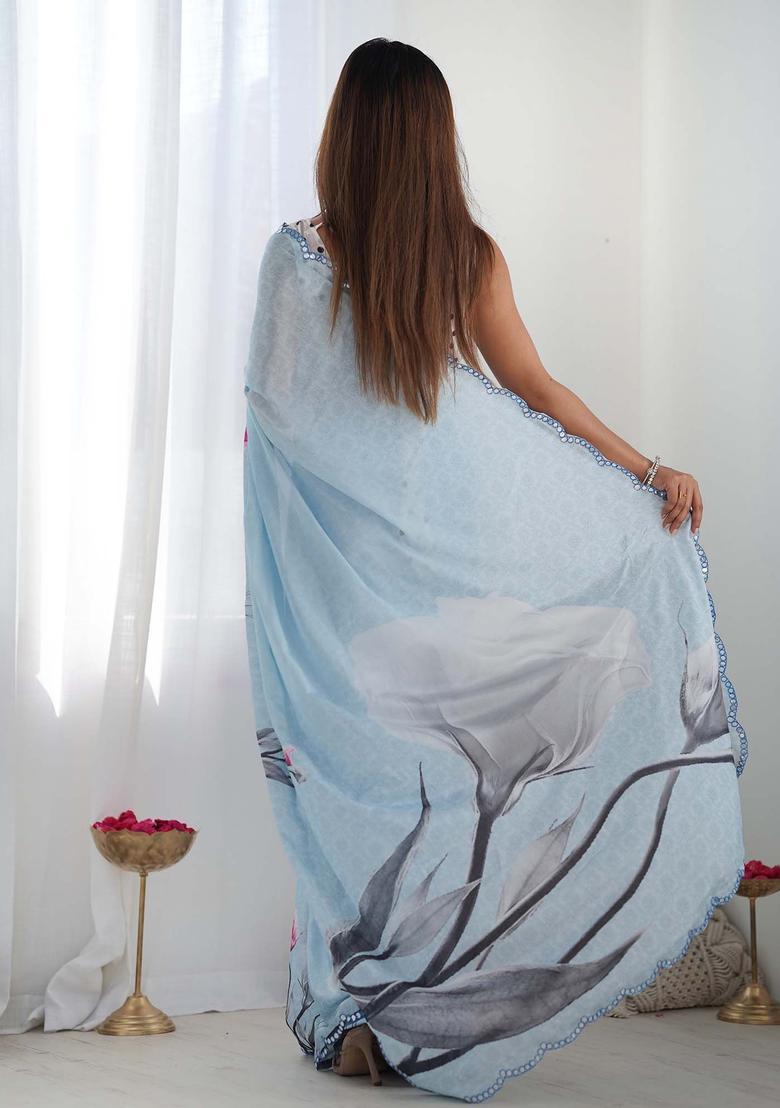 Blue Printed Chinon Saree Set - Indya