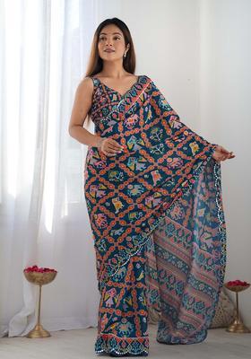 Teal Printed Chinon Saree Set