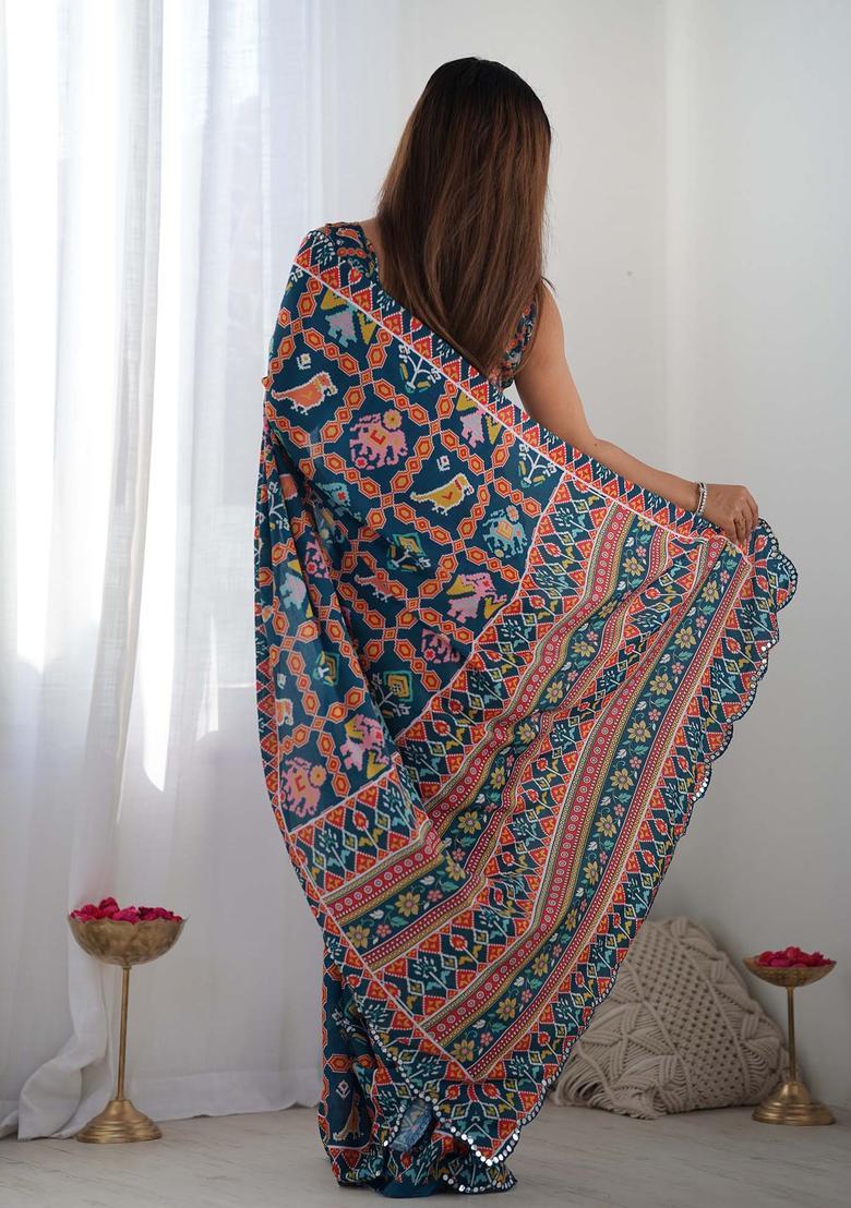 Teal Printed Chinon Saree Set - Indya