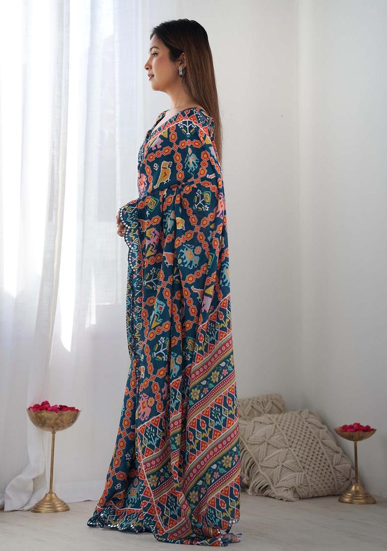 Teal Printed Chinon Saree Set - Indya