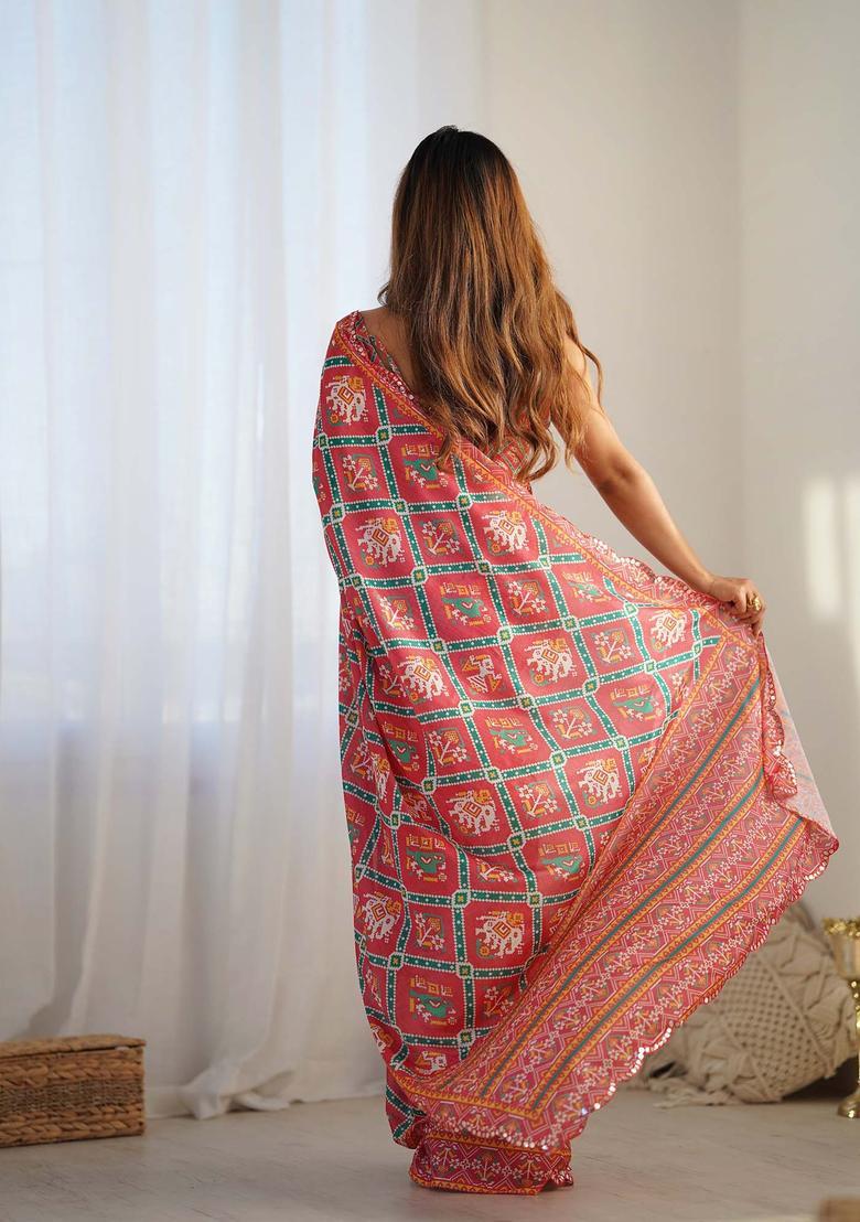 Red Printed Chinon Saree Set - Indya