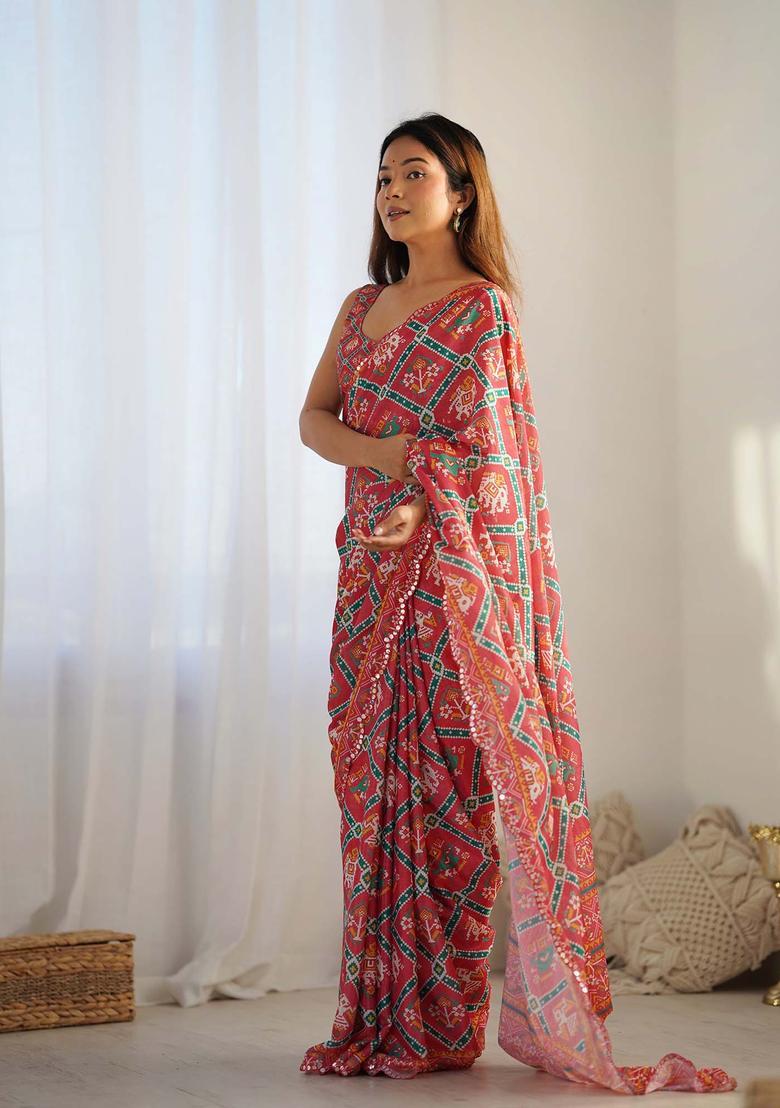 Red Printed Chinon Saree Set - Indya