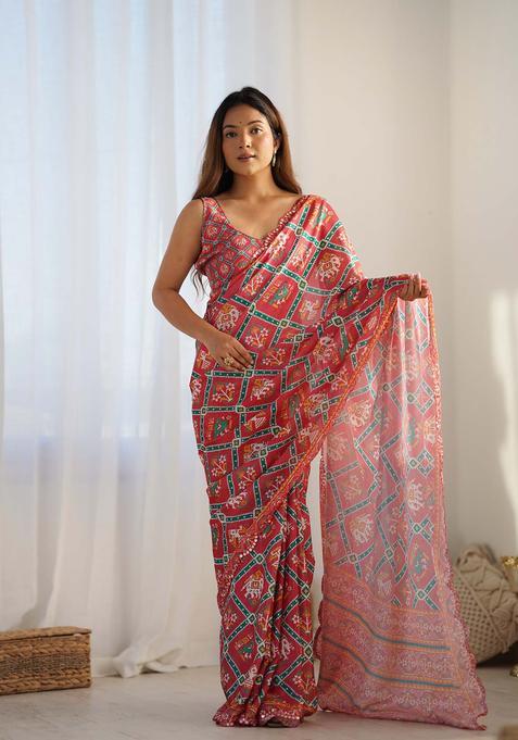 Red Printed Chinon Saree Set