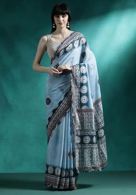 Dusty Blue Embroidered Georgette Saree Set