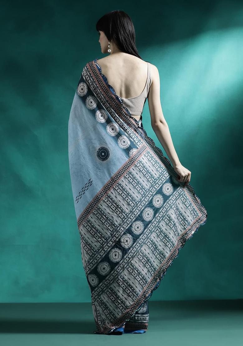 Dusty Blue Embroidered Georgette Saree Set - Indya