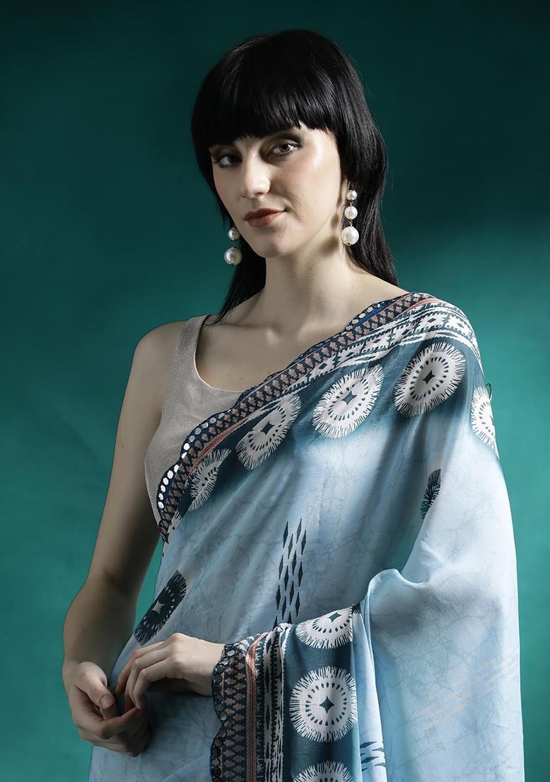 Dusty Blue Embroidered Georgette Saree Set - Indya