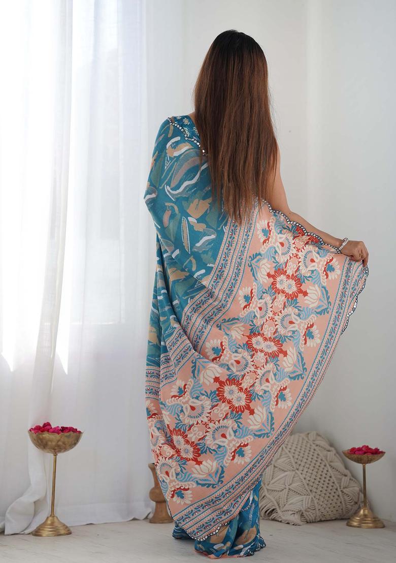 Blue Printed Chinon Saree Set - Indya