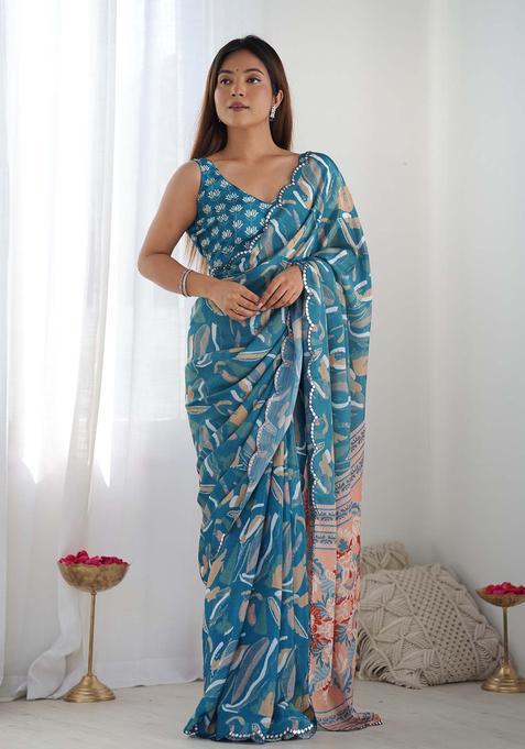 Blue Printed Chinon Saree Set