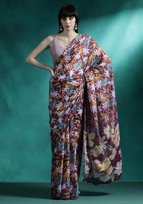 Multicolor Floral Print Georgette Saree Set