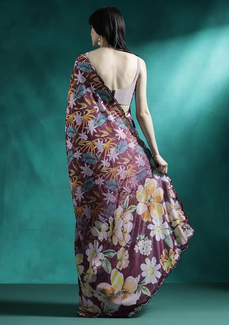 Multicolor Floral Print Georgette Saree Set - Indya