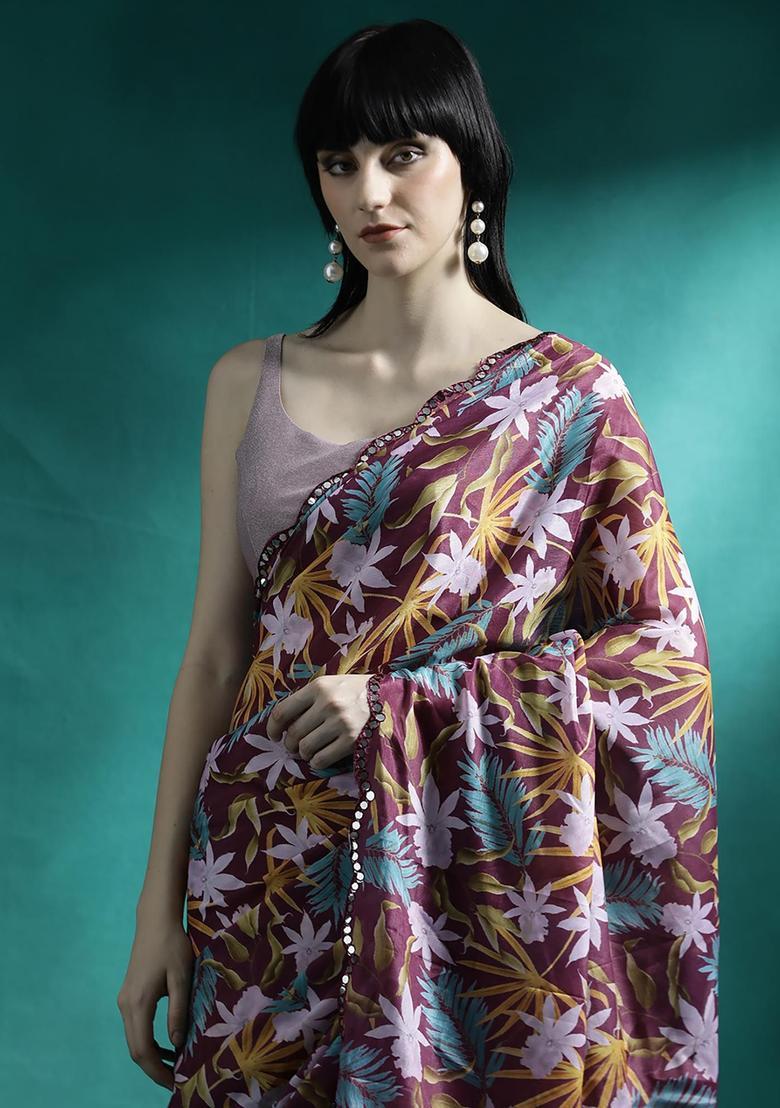 Multicolor Floral Print Georgette Saree Set - Indya