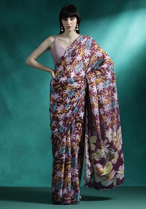 Multicolor Floral Print Georgette Saree Set