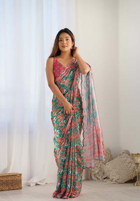 Green Printed Chinon Saree Set