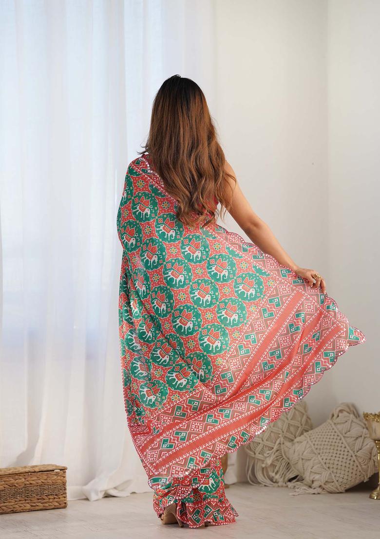 Green Printed Chinon Saree Set - Indya