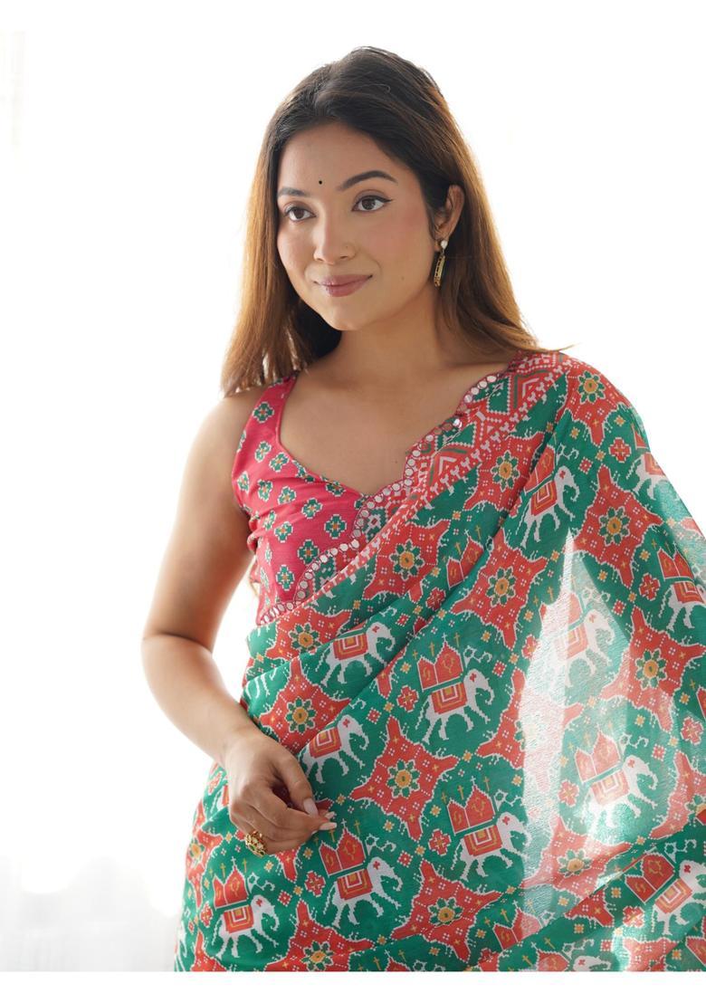 Green Printed Chinon Saree Set - Indya