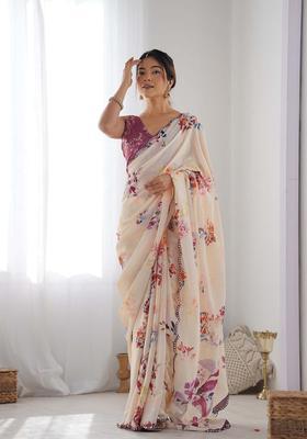 Beige Printed Chinon Saree Set