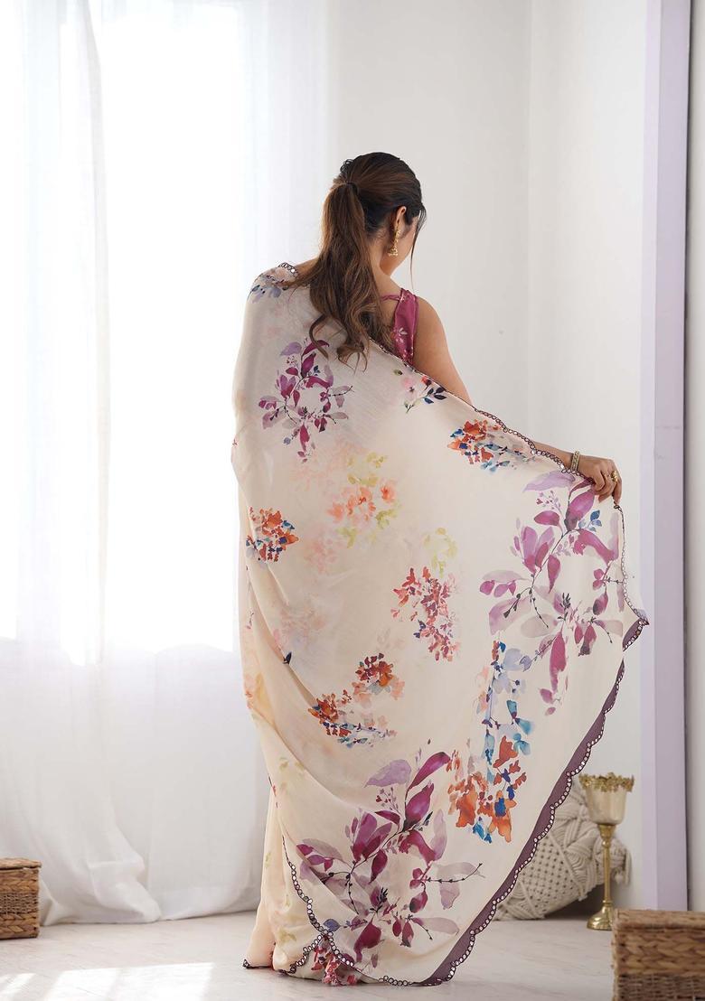 Beige Printed Chinon Saree Set - Indya