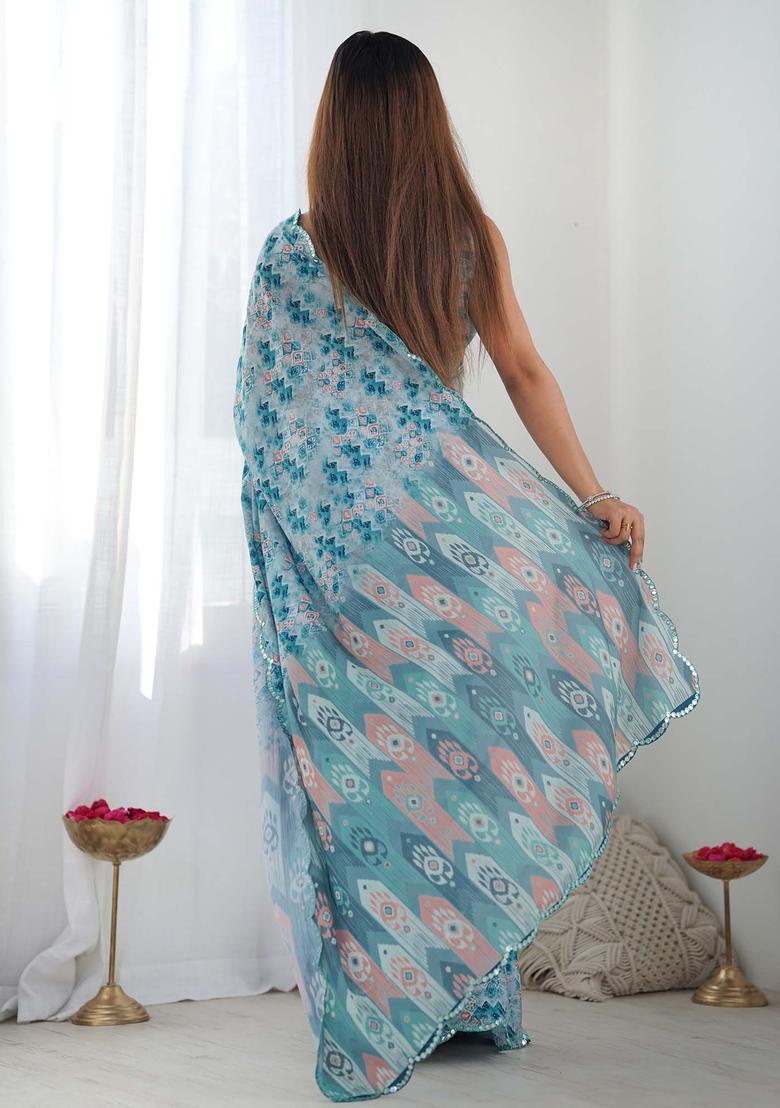 Blue Printed Chinon Saree Set - Indya