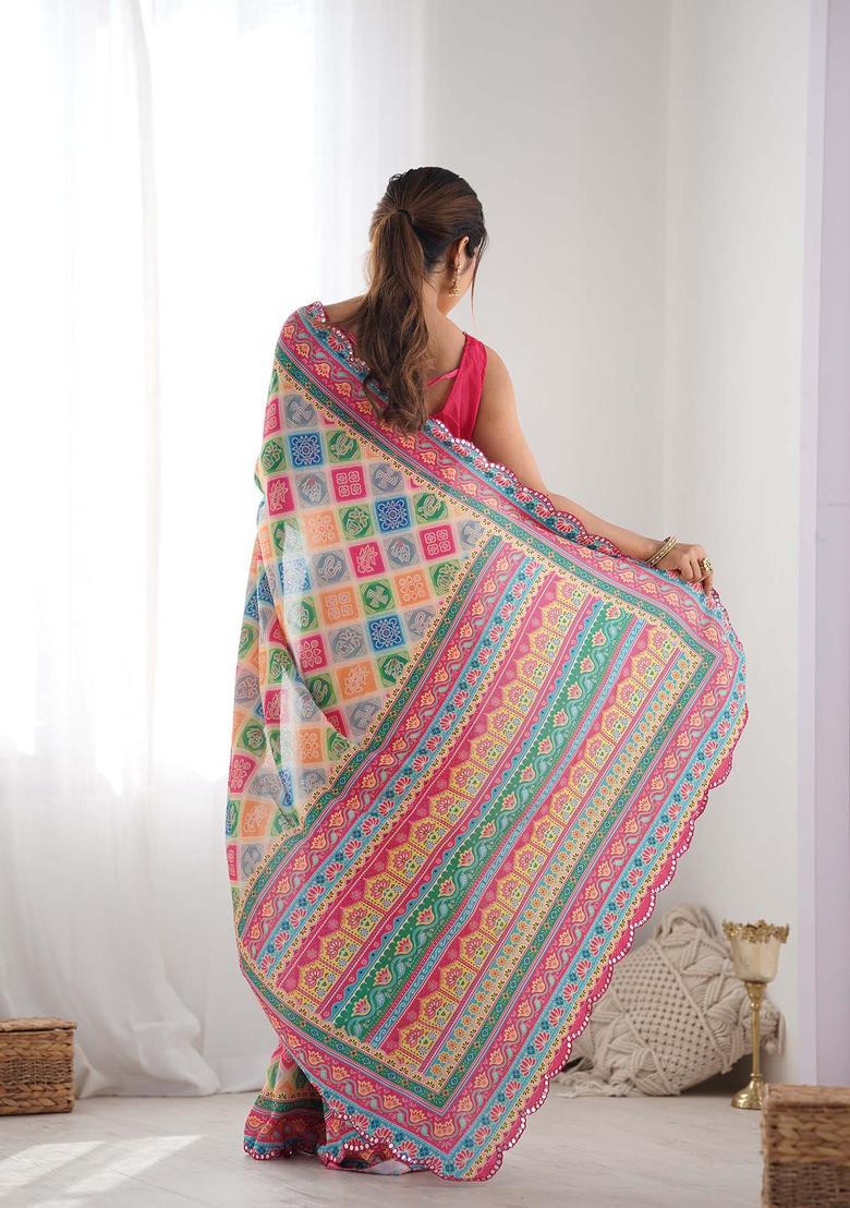 Multicolor Printed Chinon Saree Set - Indya