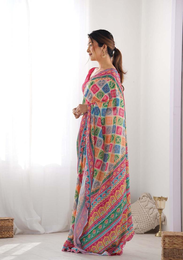 Multicolor Printed Chinon Saree Set - Indya