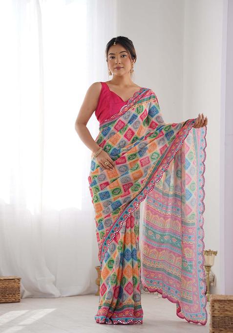 Multicolor Printed Chinon Saree Set