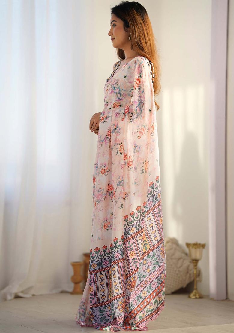 Multicolor Printed Chinon Saree Set - Indya