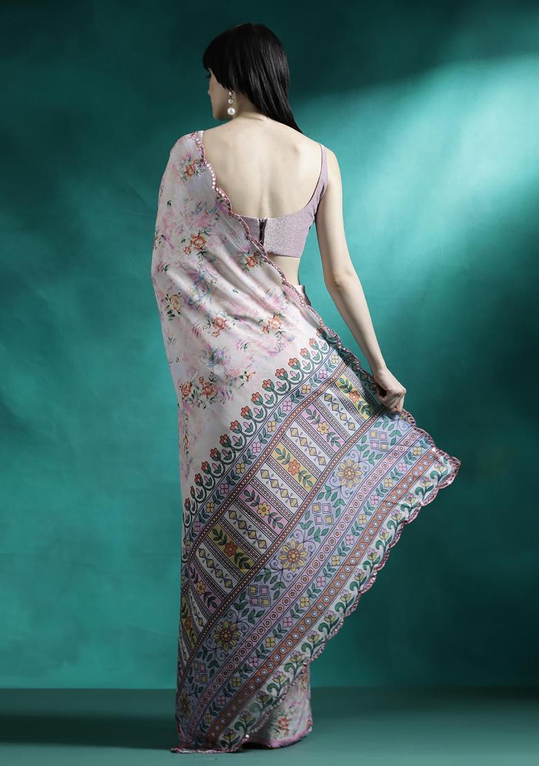 Peach Floral Print Georgette Saree Set - Indya