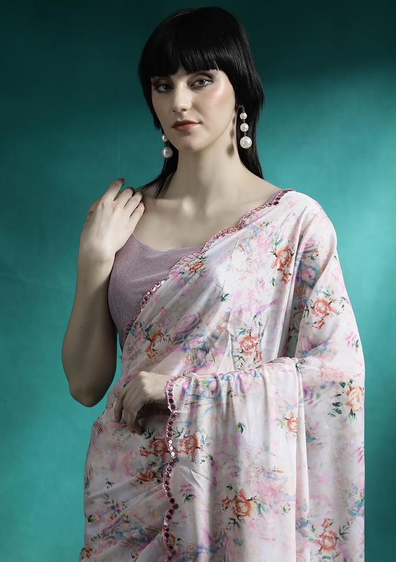 Peach Floral Print Georgette Saree Set - Indya