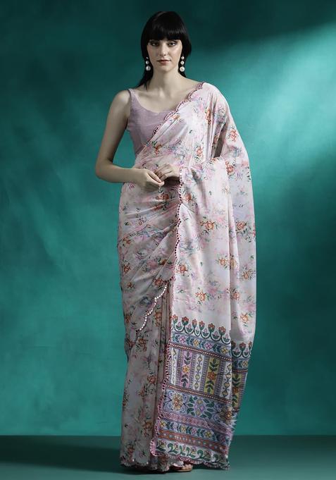 Peach Floral Print Georgette Saree Set