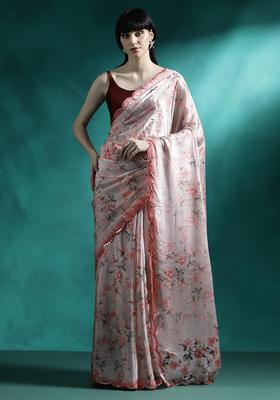 Peach Floral Print Georgette Saree Set