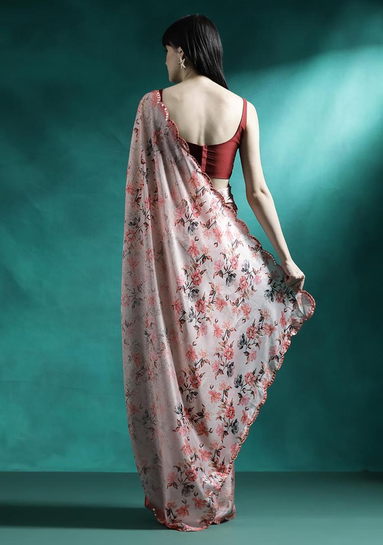 Peach Floral Print Georgette Saree Set - Indya
