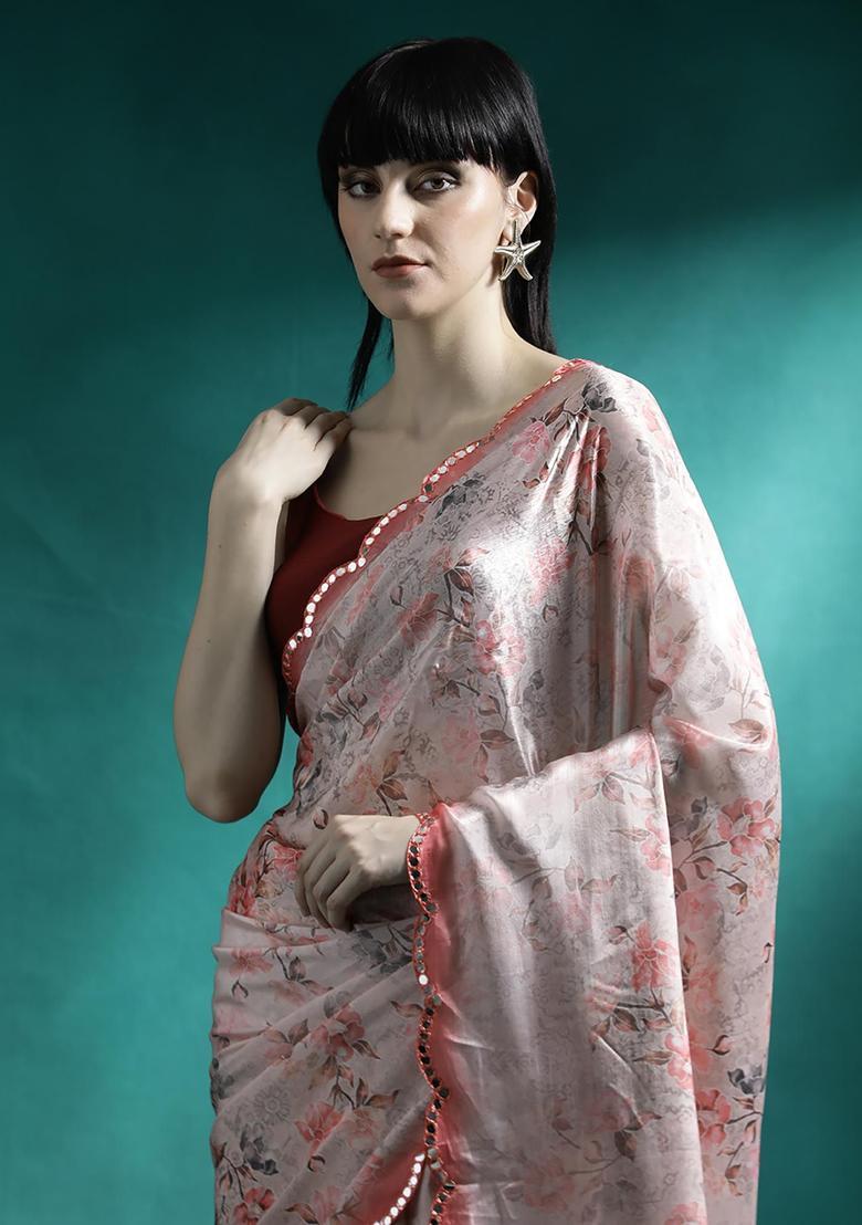 Peach Floral Print Georgette Saree Set - Indya