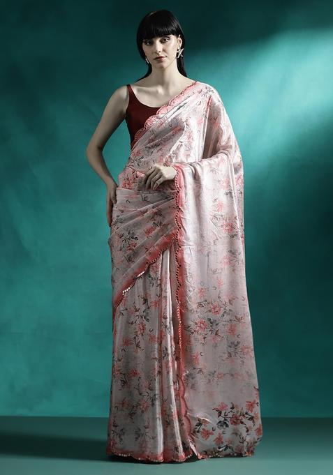 Peach Floral Print Georgette Saree Set