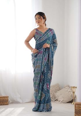 Blue Polka Dots Chinon Saree Set