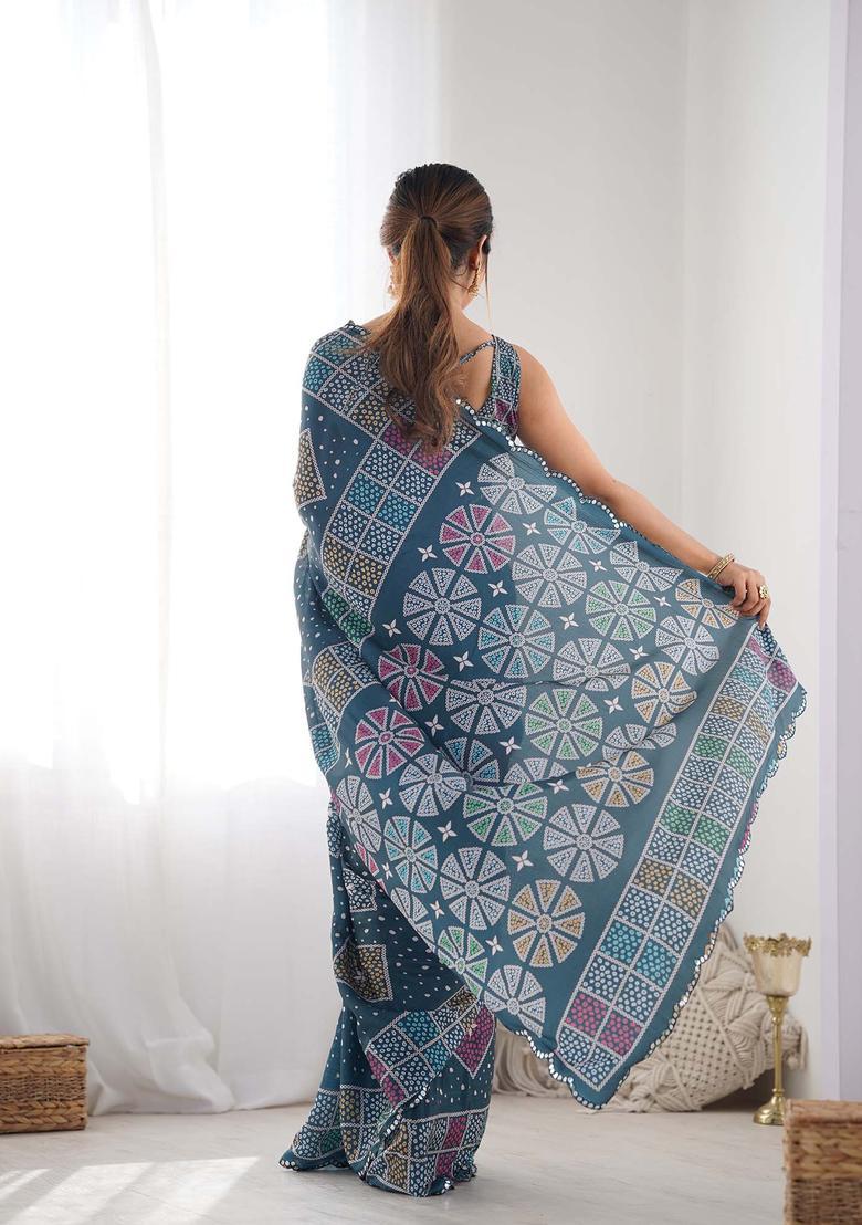 Blue Polka Dots Chinon Saree Set - Indya