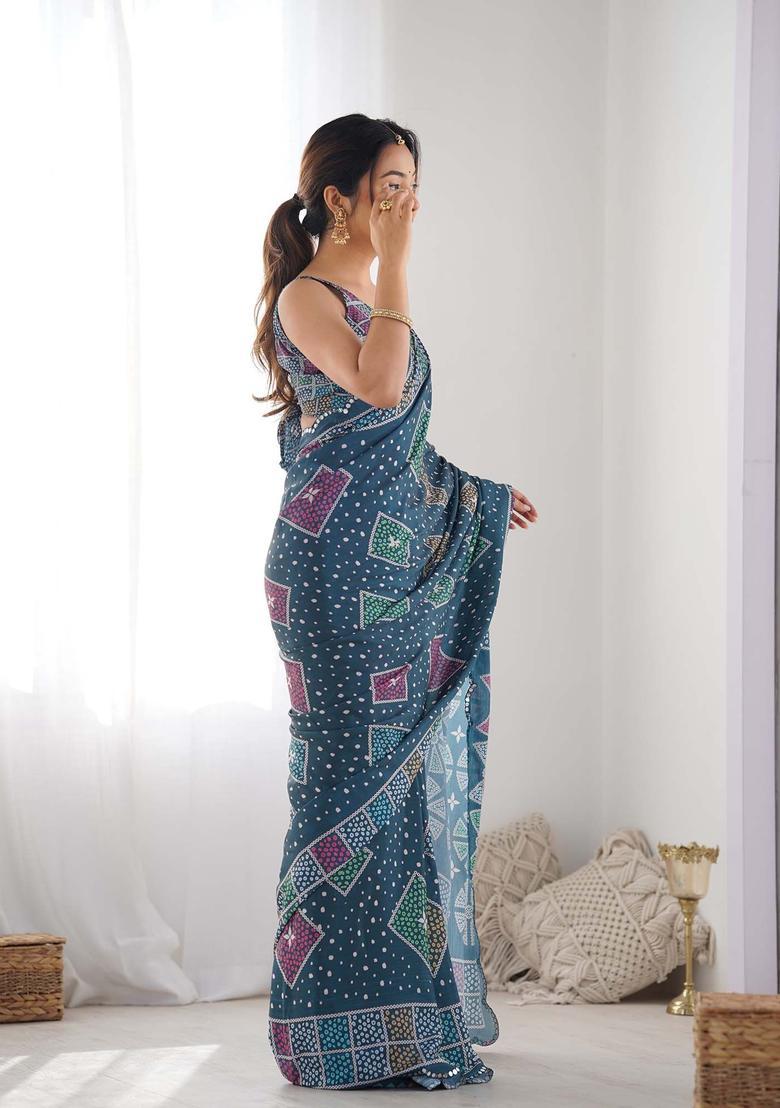 Blue Polka Dots Chinon Saree Set - Indya