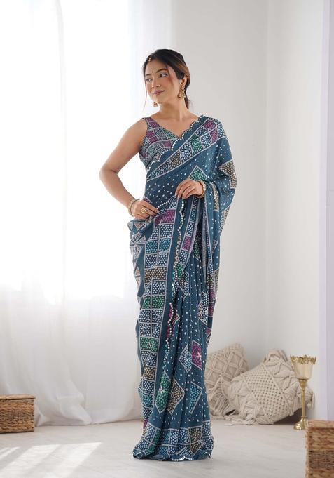 Blue Polka Dots Chinon Saree Set