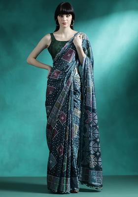 Dark Teal Printed Georgette Saree Set